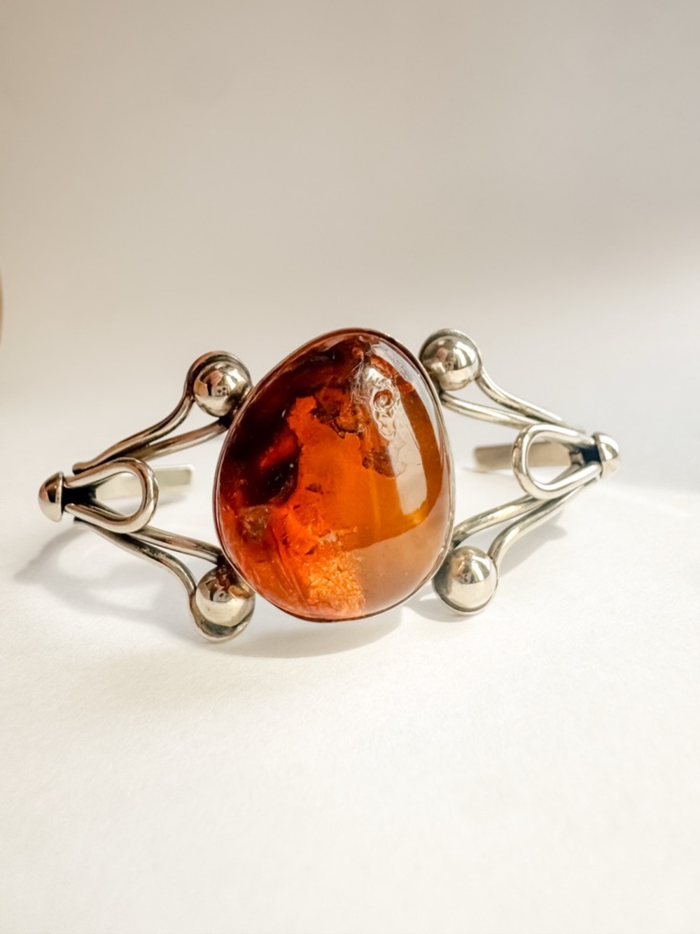 Vintage Silver Cuff Bracelet with Natural Oval Baltic Amber Stone Bezel Setting